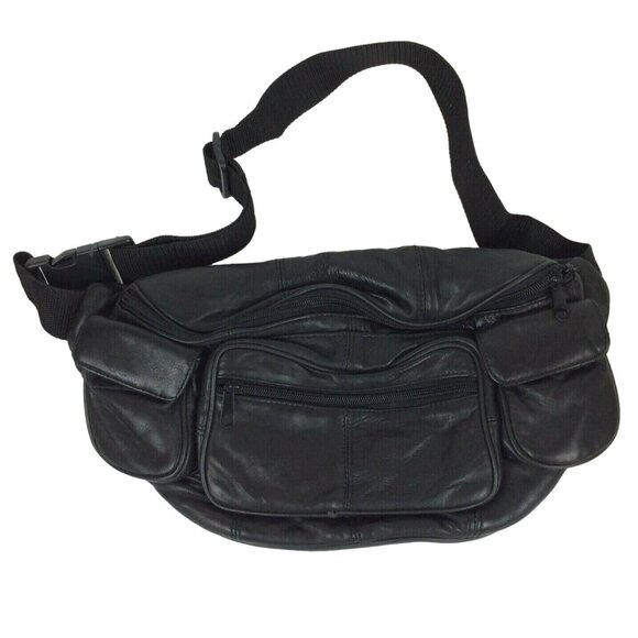 Large Black Vegan Leather Fanny Pack & Clutch Travel Purse Combo Adjustable - Picture 2 of 7
